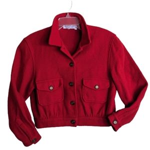 Vintage David Brooks Red Wool Cropped Bomber Jacket Button Up Pockets